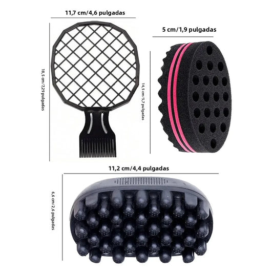 3-Piece Hair Styling Set - Afro Curl Sponge & Comb
